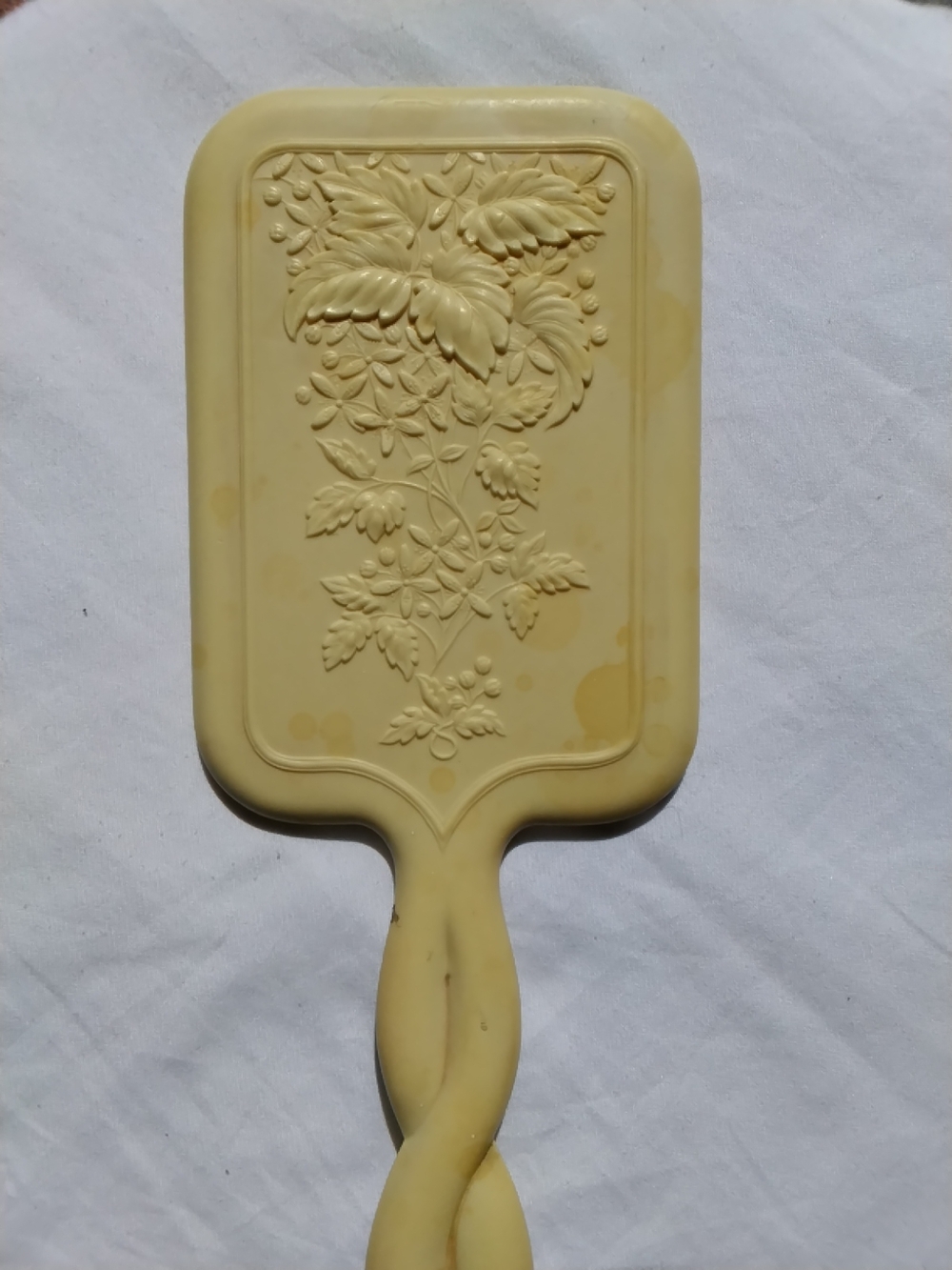 Vintage Cream Floral Carved Hand Mirror Celluloid